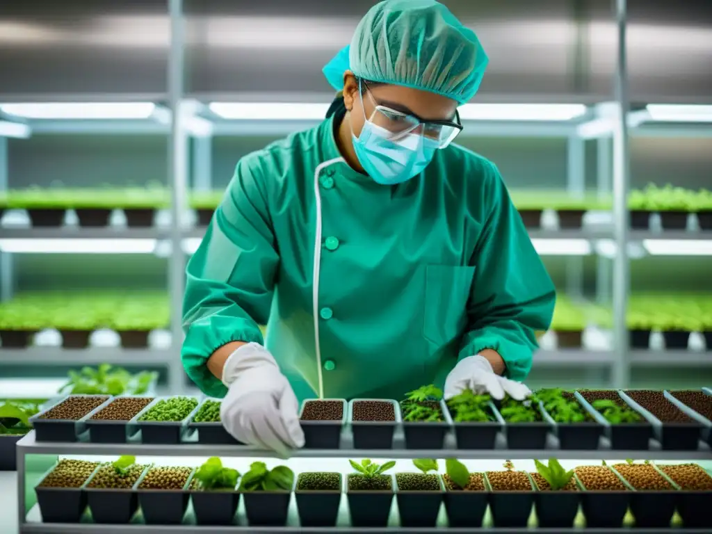 Un científico cuidadosamente extrae semillas de plantas en un banco de semillas, mostrando la importancia de la preservación de la diversidad genética