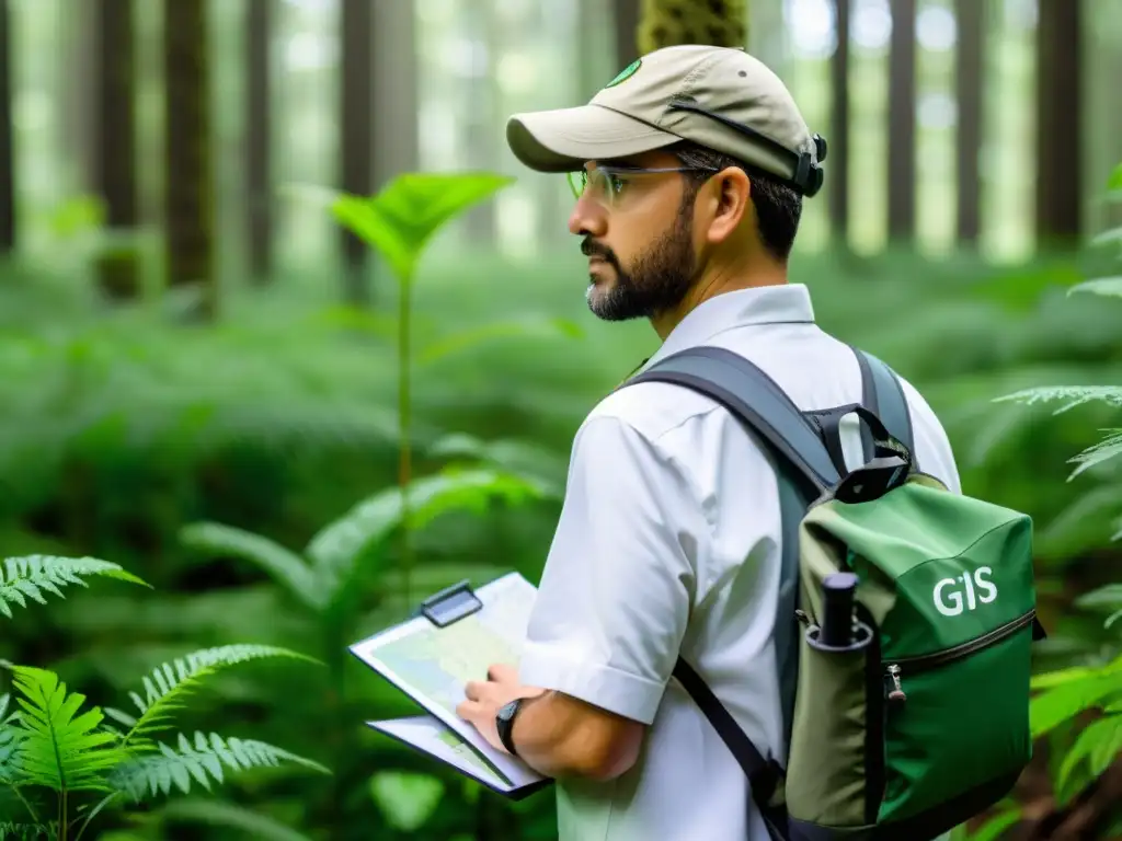 Un científico utiliza software avanzado GIS para analizar datos ecológicos en un exuberante bosque biodiverso