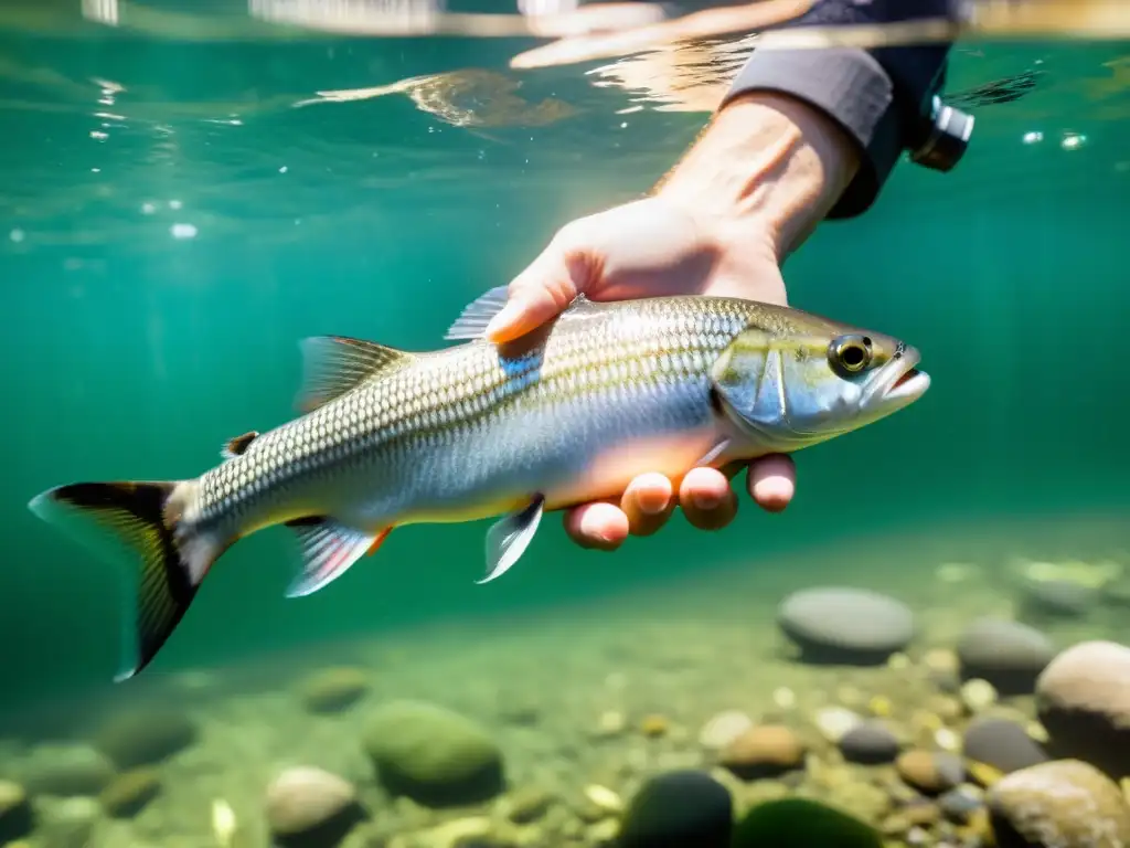 Científicos liberan con cuidado peces en un río cristalino, transmitiendo la importancia de los proyectos de reintroducción de especies