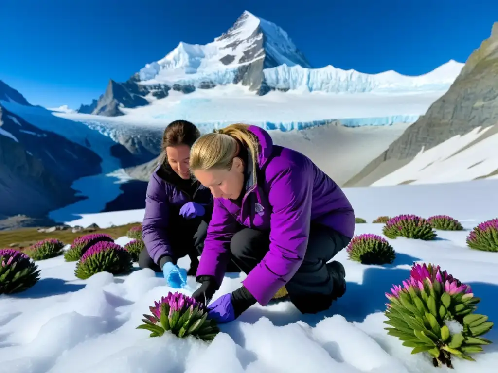 Científicos exploran una flor alpina en un paisaje nevado, resaltando la biodiversidad y sorprendente belleza de los ecosistemas alpinos