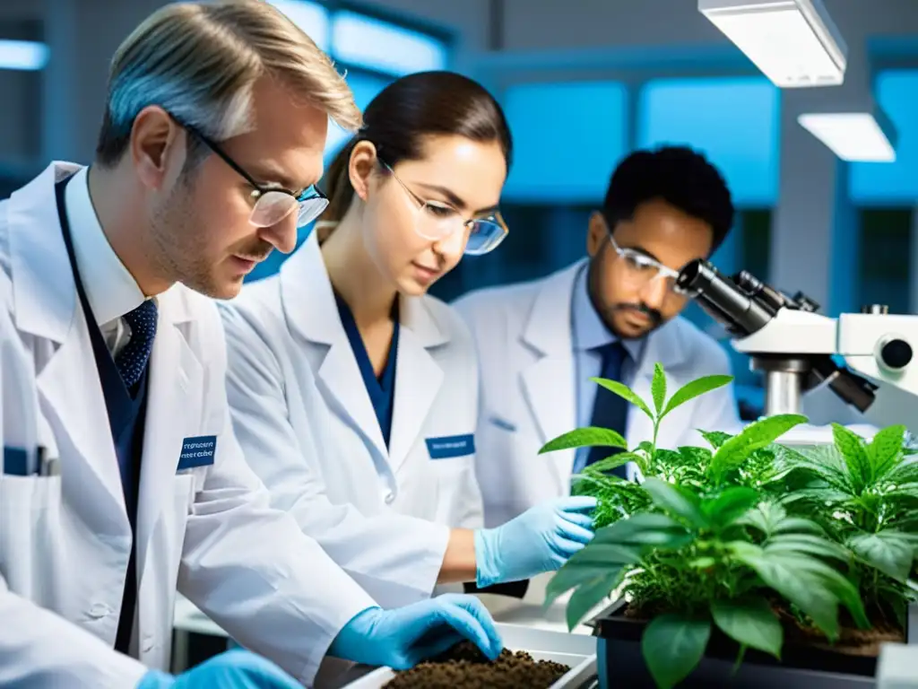 Científicos en laboratorio de Oxford analizan muestras de suelo y plantas, promoviendo la sostenibilidad