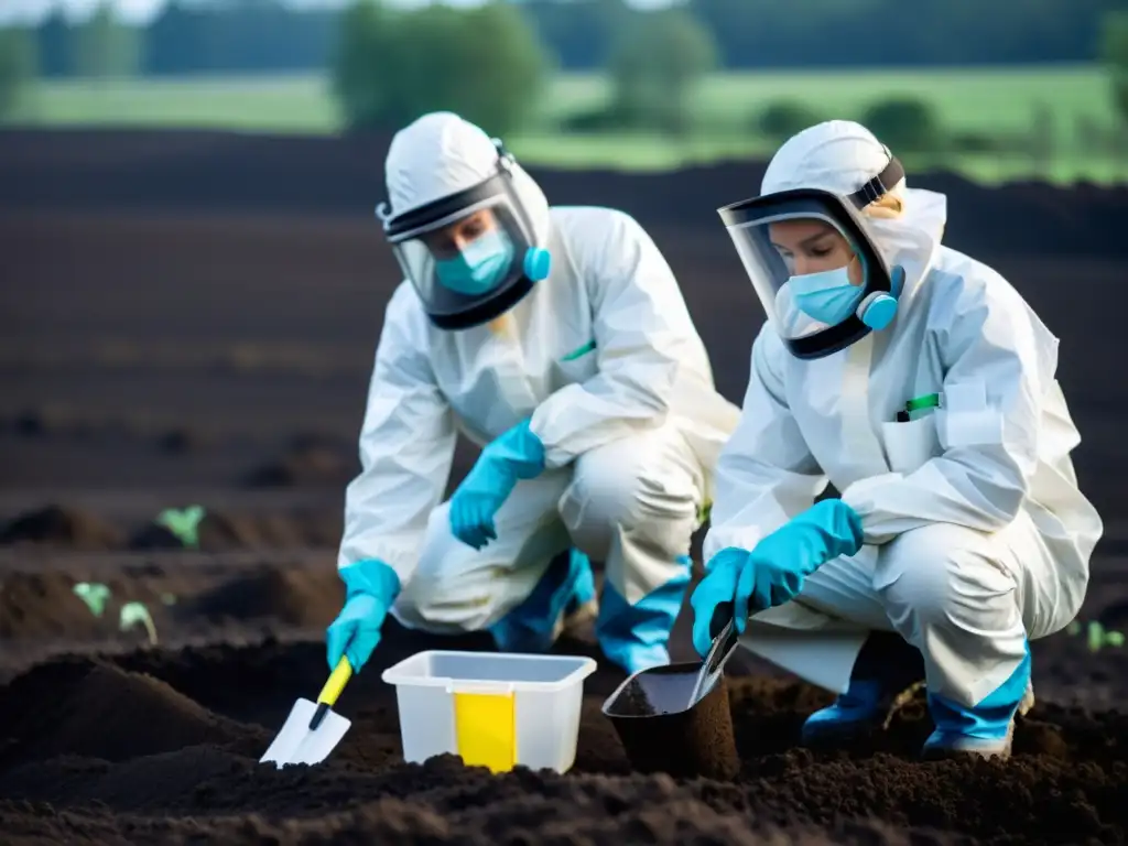 Científicos realizan meticuloso muestreo de suelos contaminados por químicos, destacando la urgencia de la recuperación ambiental