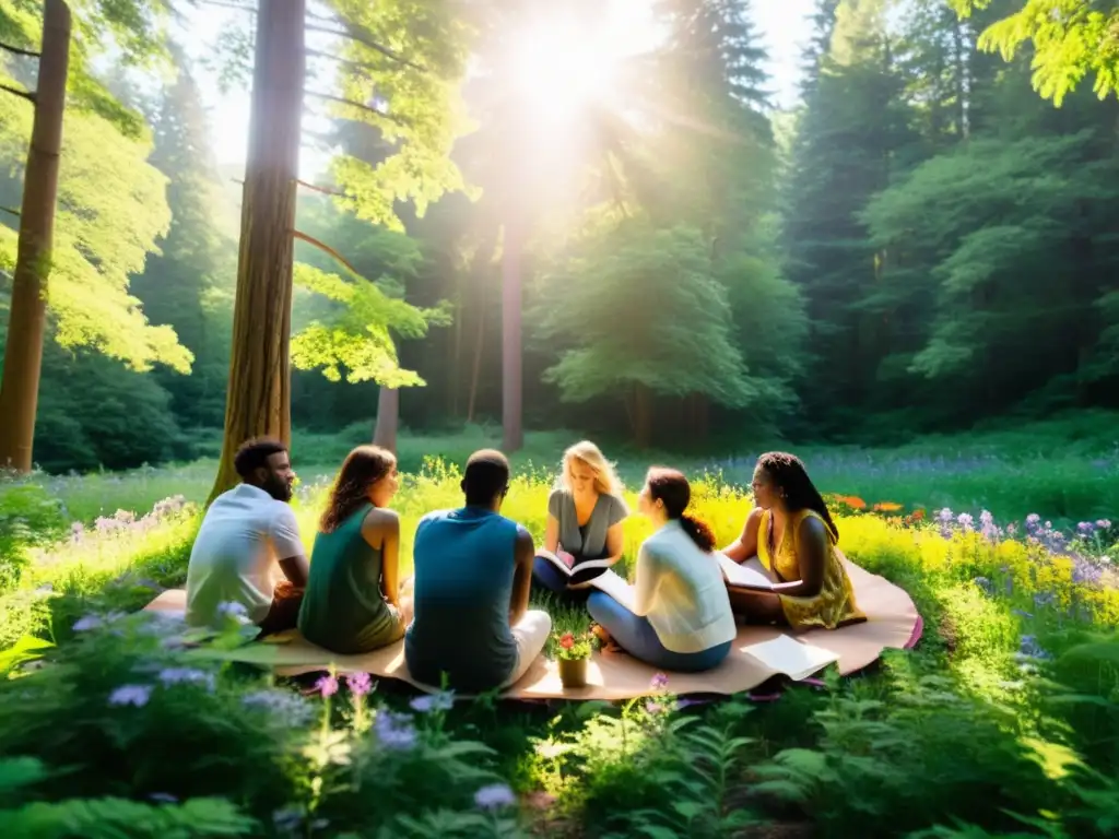 Un círculo de escritores y poetas diversos se reúnen en un bosque exuberante, inmersos en una apasionada discusión