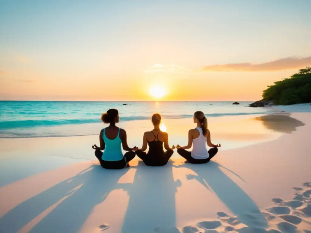 Un círculo de practicantes de yoga disfruta de la serenidad en una playa de arena blanca con aguas turquesas y arrecifes vibrantes al fondo