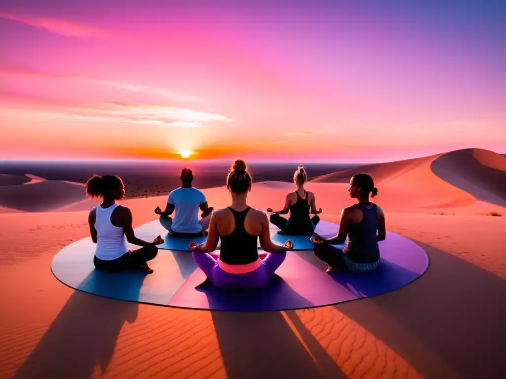 Un círculo de practicantes de yoga en un desierto al atardecer, conectando con la energía espiritual