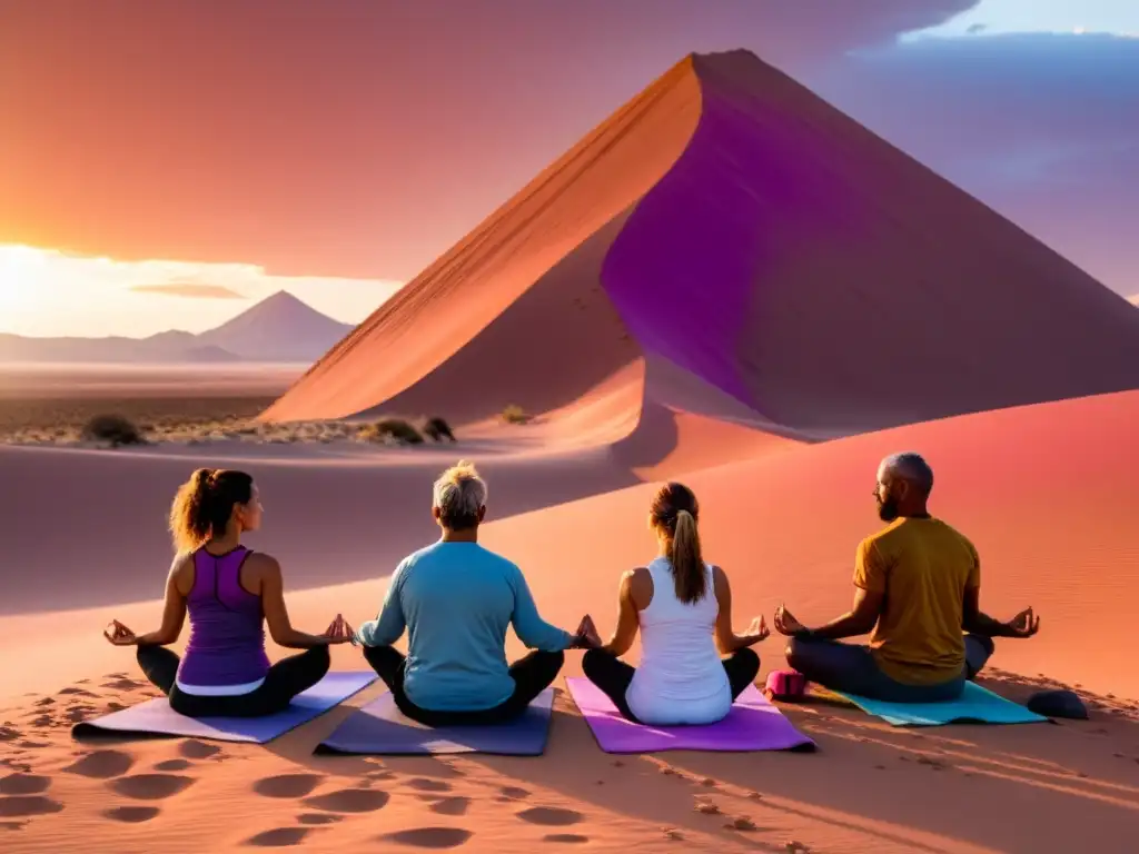 Un círculo de practicantes de yoga medita en el desierto de Atacama al atardecer, rodeados de dunas y formaciones rocosas