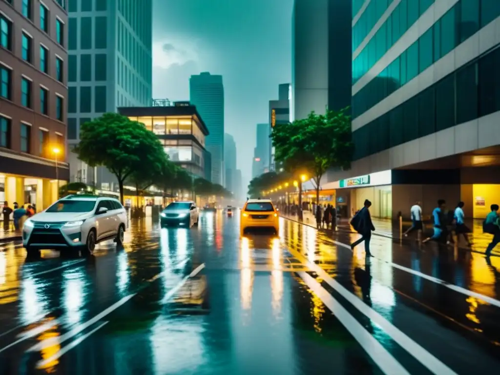 Una ciudad bulliciosa bajo una fuerte tormenta, con peatones y autos enfrentando el agua