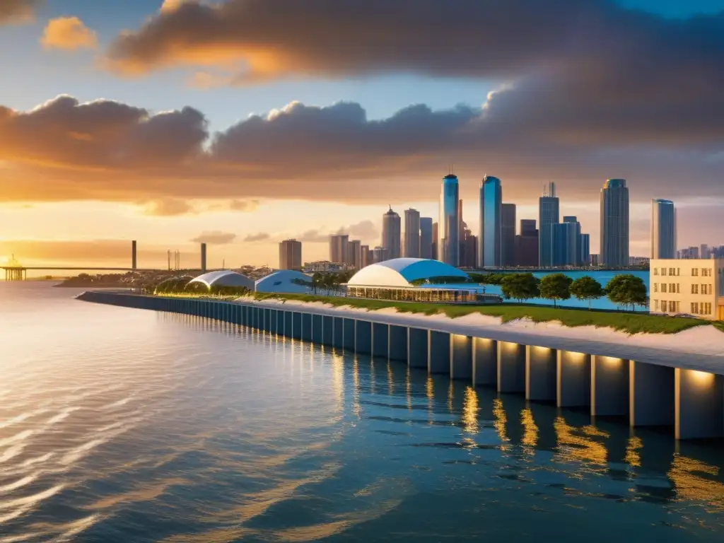 Ciudad costera con infraestructuras resilientes al clima integradas en su skyline, destacando la belleza natural y la innovación humana