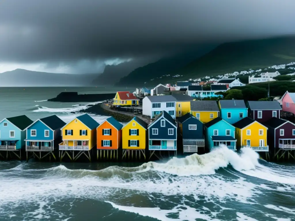 Una ciudad costera siendo engullida por el mar, transmitiendo la urgencia del cambio climático