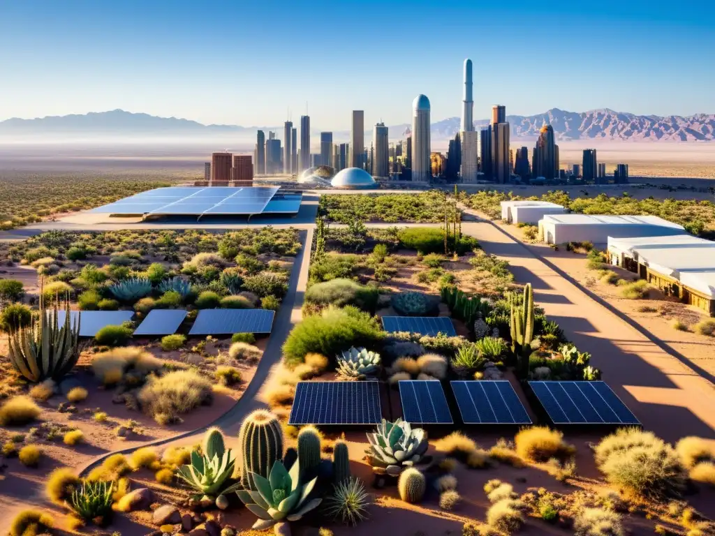 Una ciudad en el desierto muestra su adaptación con rascacielos, paneles solares y plantas resistentes, un oasis de sostenibilidad en la aridez