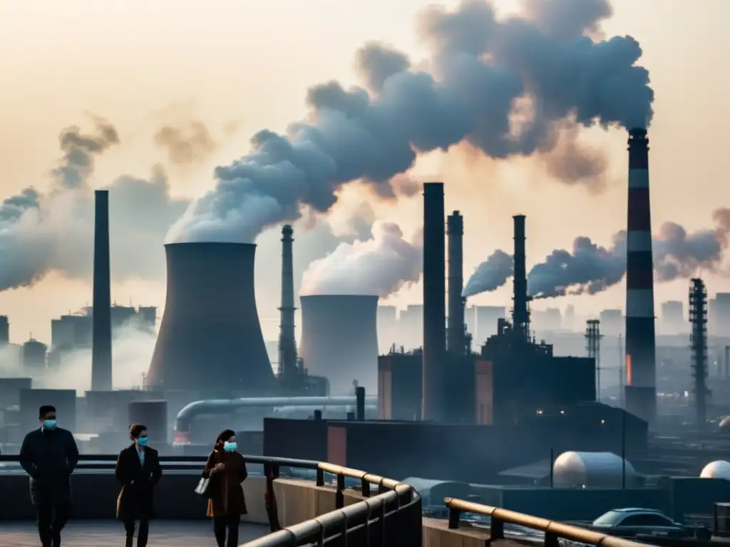 Una ciudad envuelta en smog con personas usando mascarillas, destaca el impacto de las emisiones de combustibles fósiles