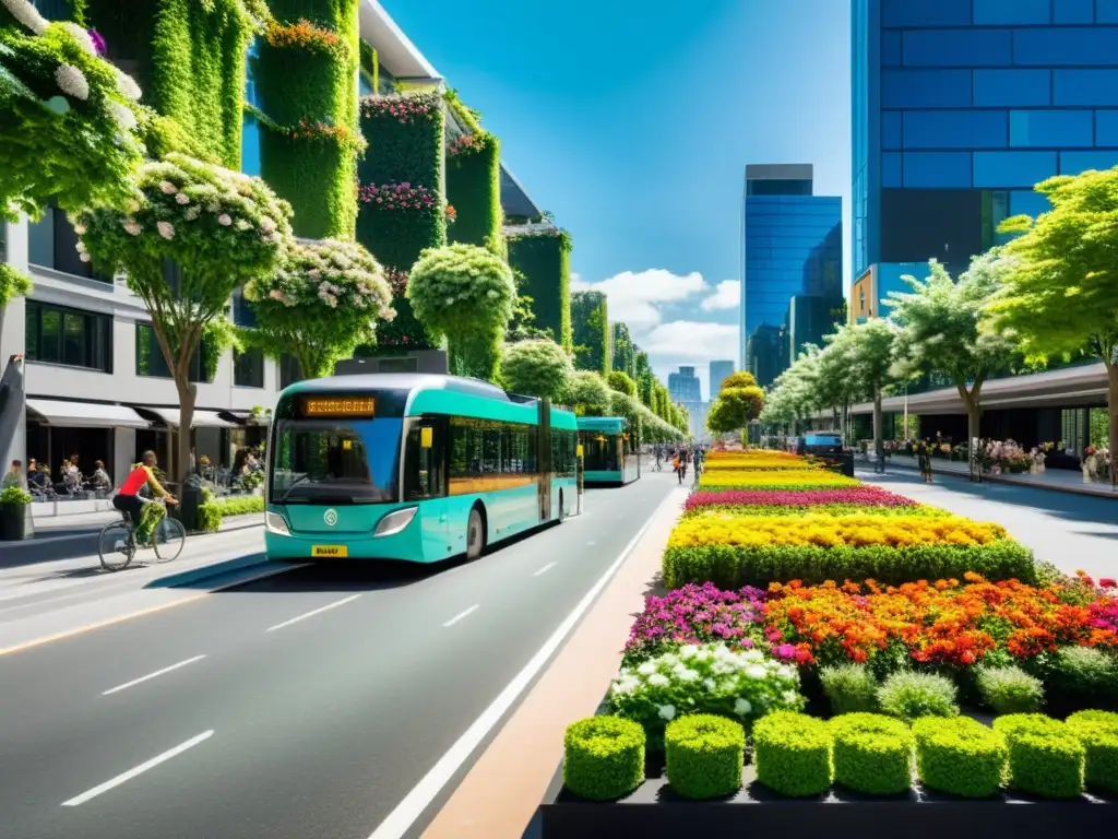 Una ciudad sostenible con árboles, flores, edificios verdes y transporte eléctrico