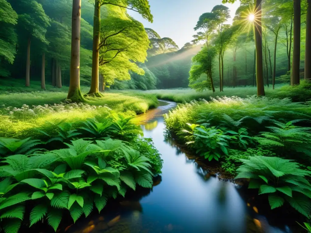 Un claro boscoso sereno con árboles altos, luz solar filtrándose y un arroyo cristalino, capturando la belleza y el efecto de los entornos naturales