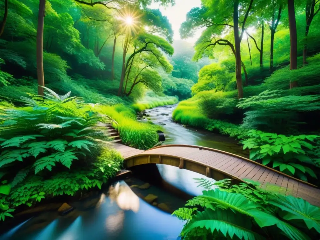 Un claro sereno en el bosque con un arroyo serpenteante, transmitiendo tranquilidad y los beneficios para la salud mental de los ecosistemas
