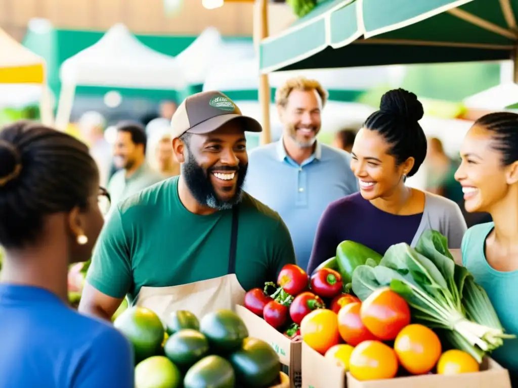 Clientes felices exploran productos orgánicos en un mercado concurrido, destacando los beneficios alimentos orgánicos certificados