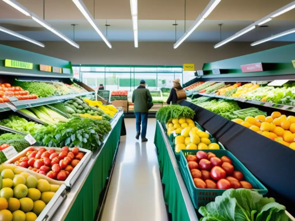 Clientes eligen frutas y verduras orgánicas en un bullicioso supermercado