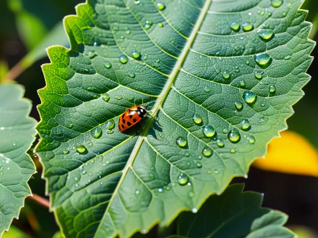 Closeup de hoja verde con insectos vibrantes interactuando, resaltando la importancia de los insectos en la conservación de ecosistemas