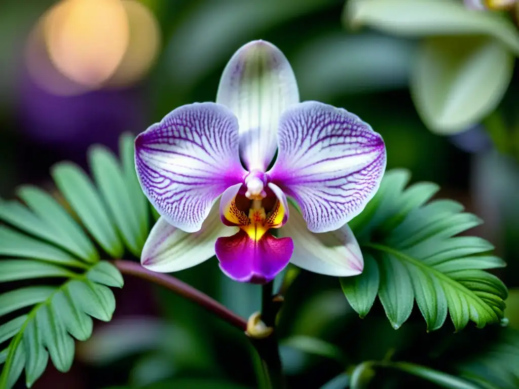 Closeup de orquídea morada y blanca rodeada de musgo y helechos en ecosistema de montaña