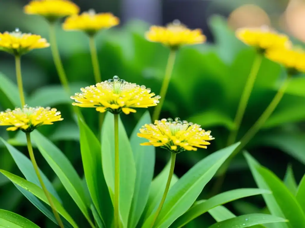 Cluster de plantas de citronela con hojas vibrantes y flores amarillas