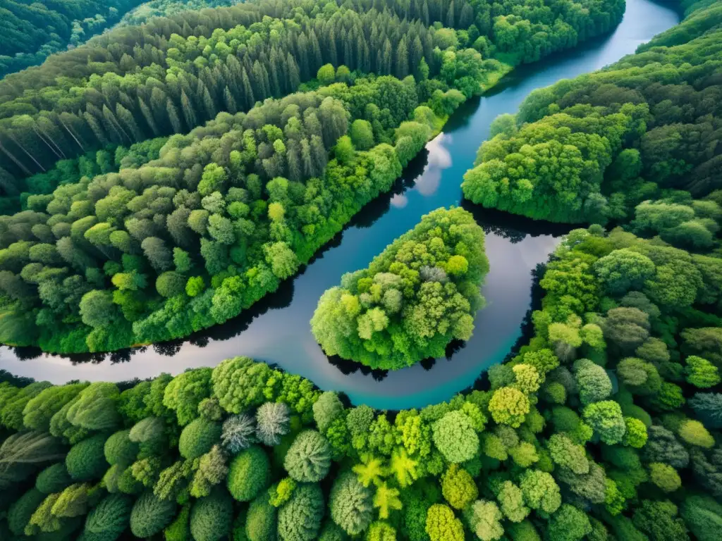 Cobertura periodística bosques mundo: Fotografía aérea de un exuberante bosque verde con un dosel diverso de árboles y un río serpenteante