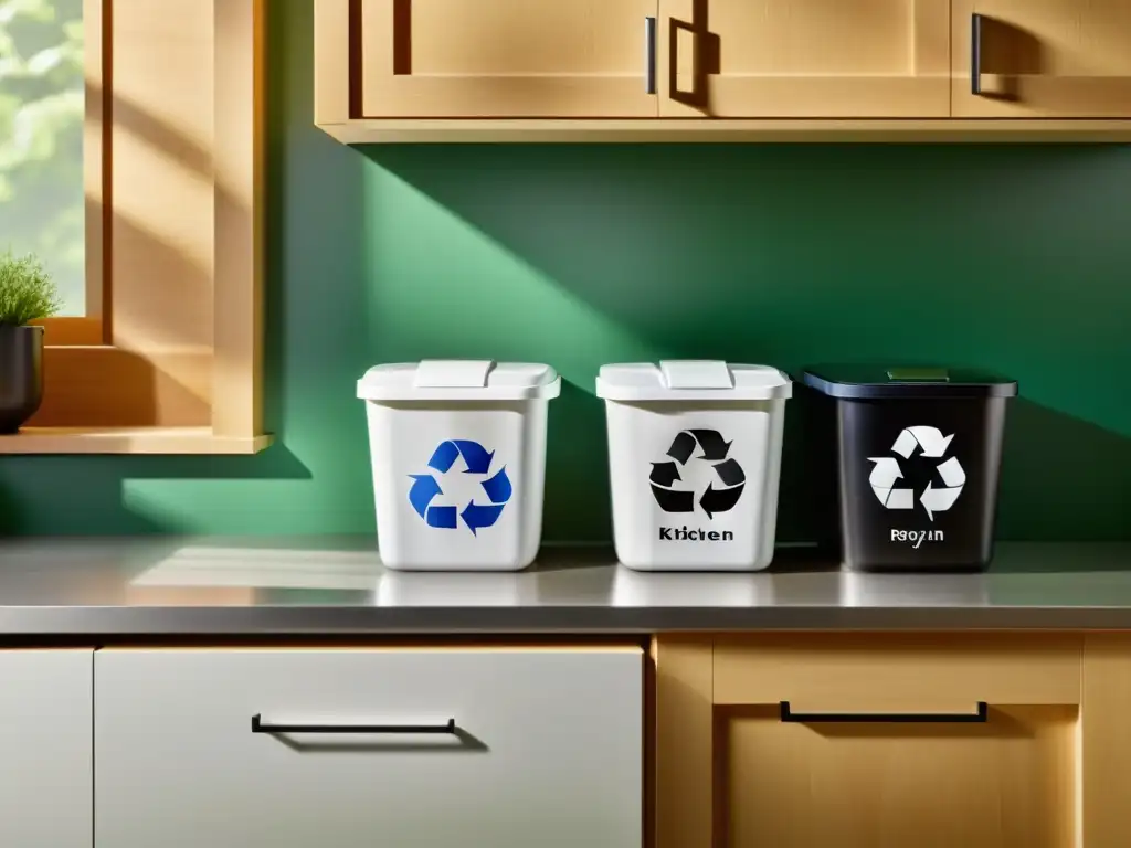 Una cocina con contenedores de reciclaje etiquetados para vidrio, plástico, papel y metal, además de contenedores de compost y residuos orgánicos