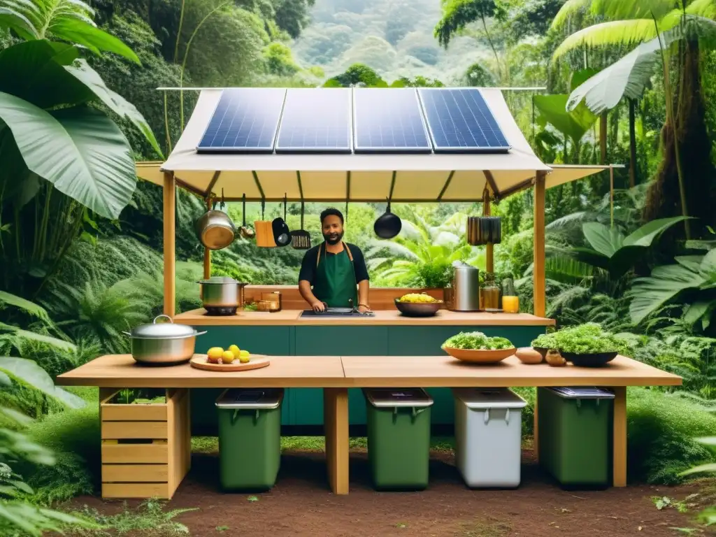 Cocina eco-amigable en medio de un bosque exuberante, donde un chef prepara una comida sostenible