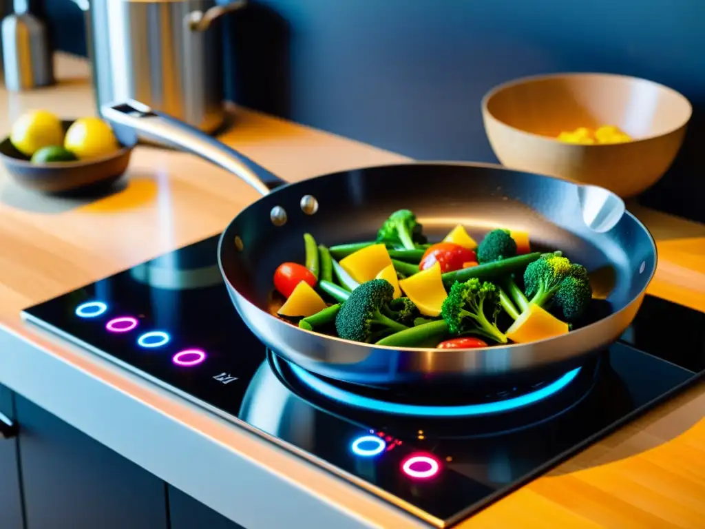 Una cocina moderna y ecoamigable con electrodomésticos de bajo consumo para cocina, iluminada y con vegetales frescos siendo cocinados