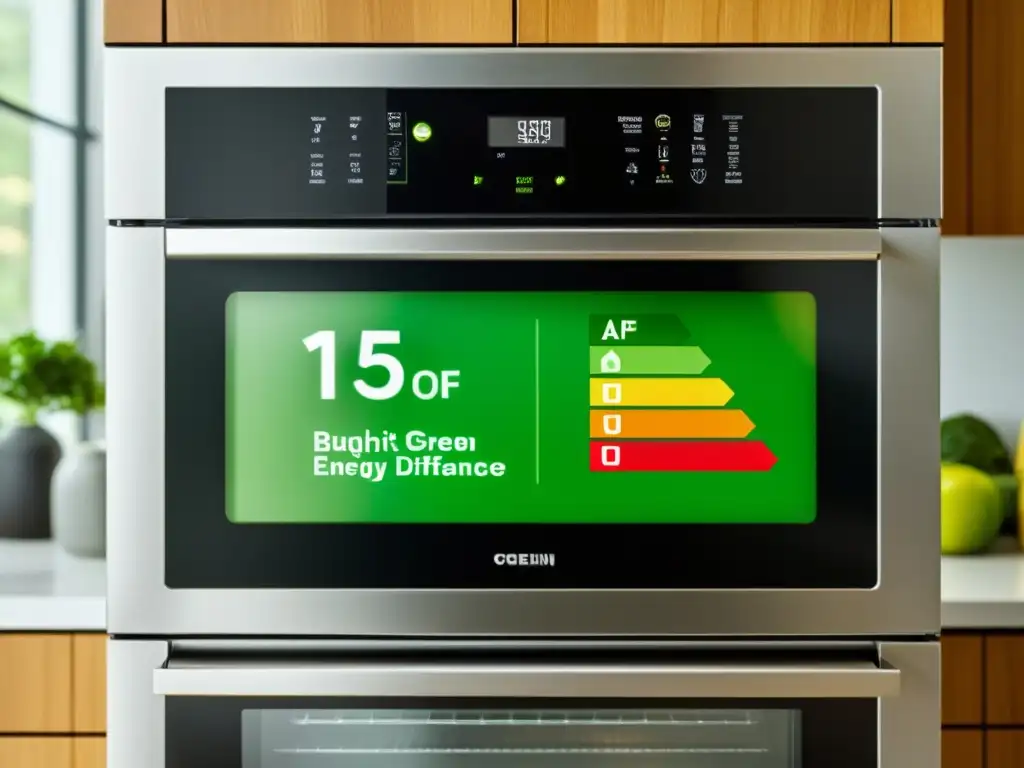 Una cocina moderna con electrodomésticos etiqueta verde resalta beneficios de sostenibilidad