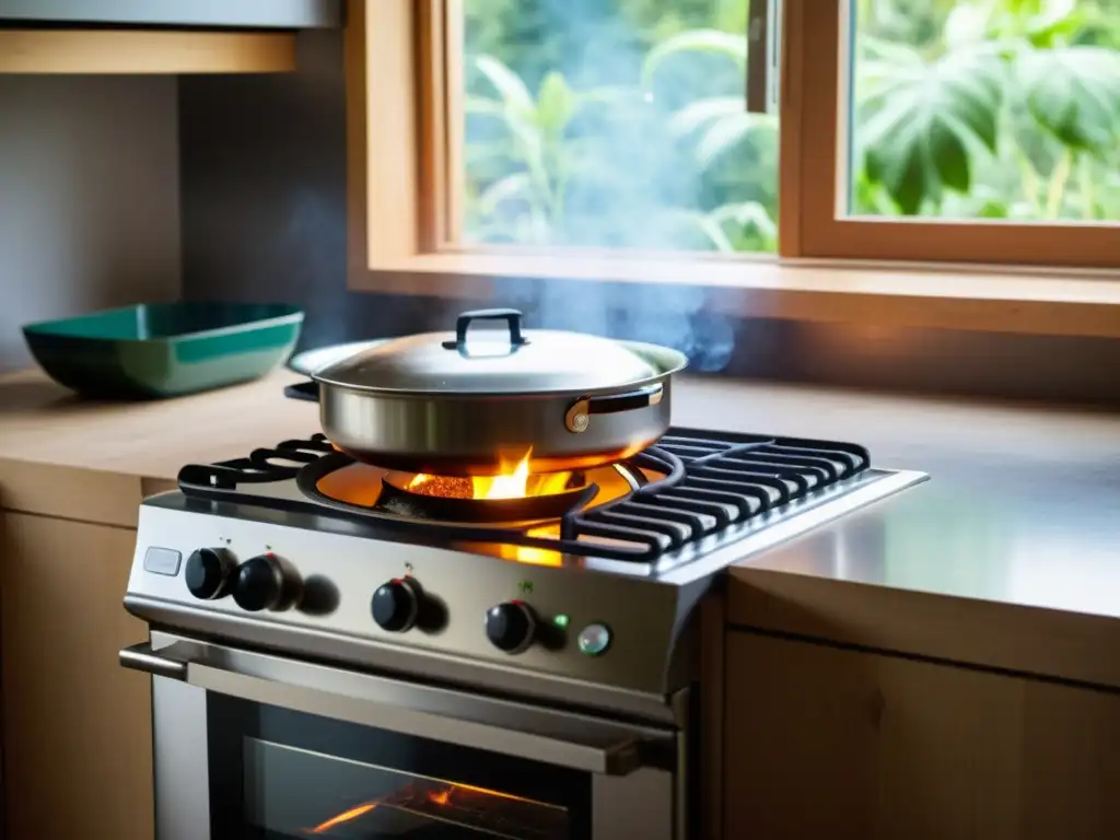 Cocina moderna con estufa de biogás en uso, iluminada y acogedora