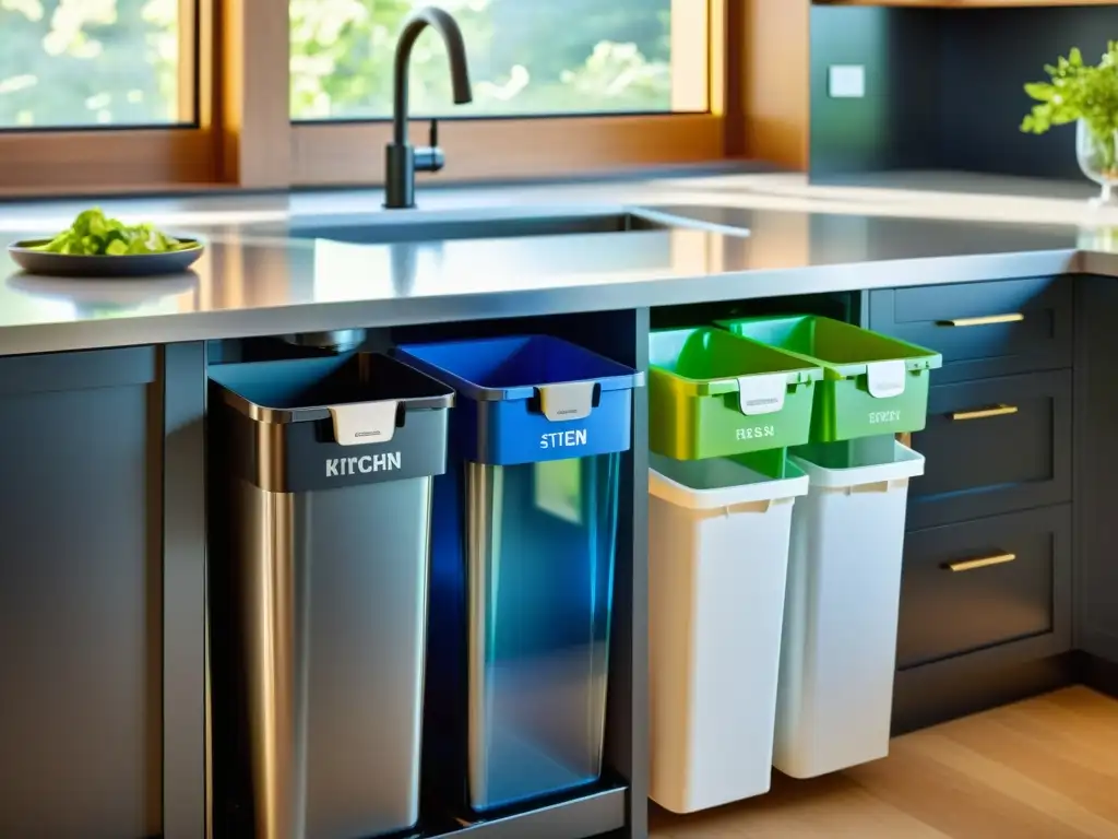 Una cocina moderna con estación de reciclaje organizada y eficiente, con contenedores separados para vidrio, plástico, papel y residuos orgánicos