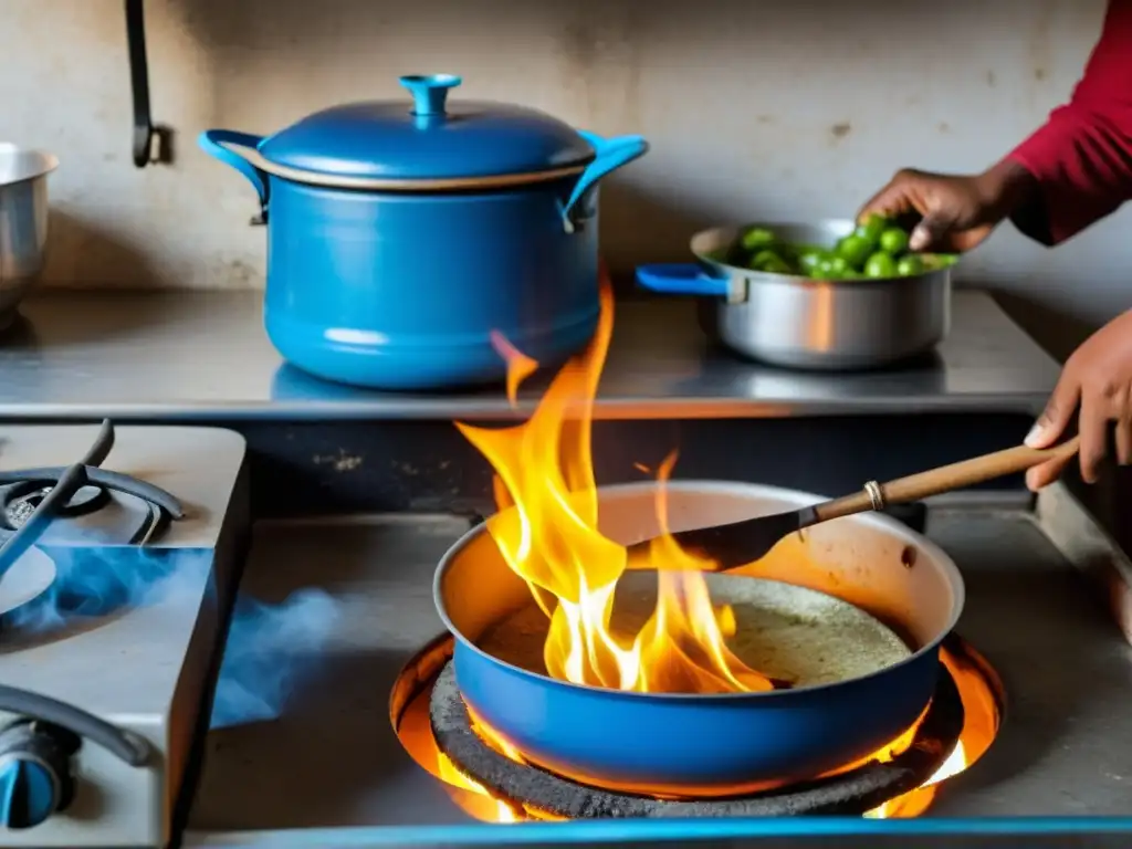 Una cocina rural con estufa de biogás en uso, resaltando sus beneficios económicos y sostenibles