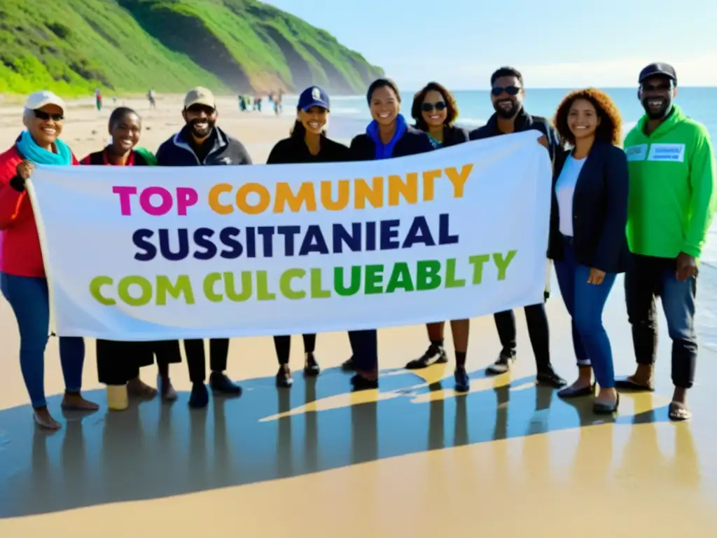 Colaboración de ONGs y comunidad limpiando playa, con pancartas por la sustentabilidad ambiental