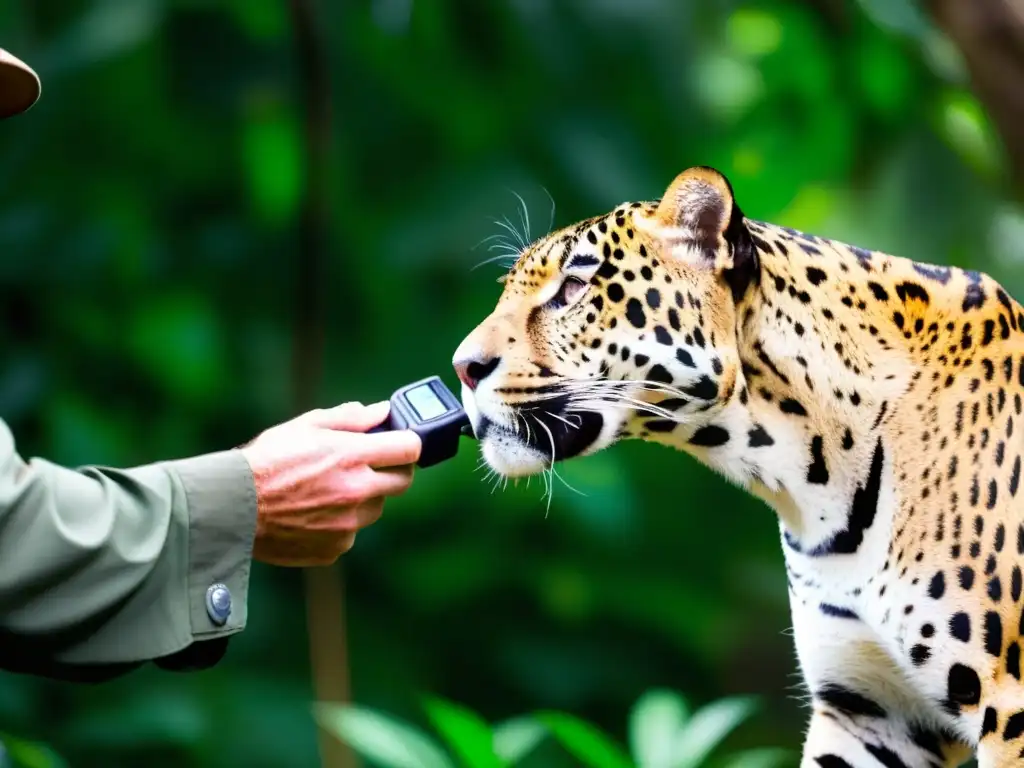 Un collar de seguimiento GPS de alta tecnología se coloca cuidadosamente en el cuello de un majestuoso jaguar en la selva densa, mostrando la integración de la tecnología para monitorización de especies en la conservación