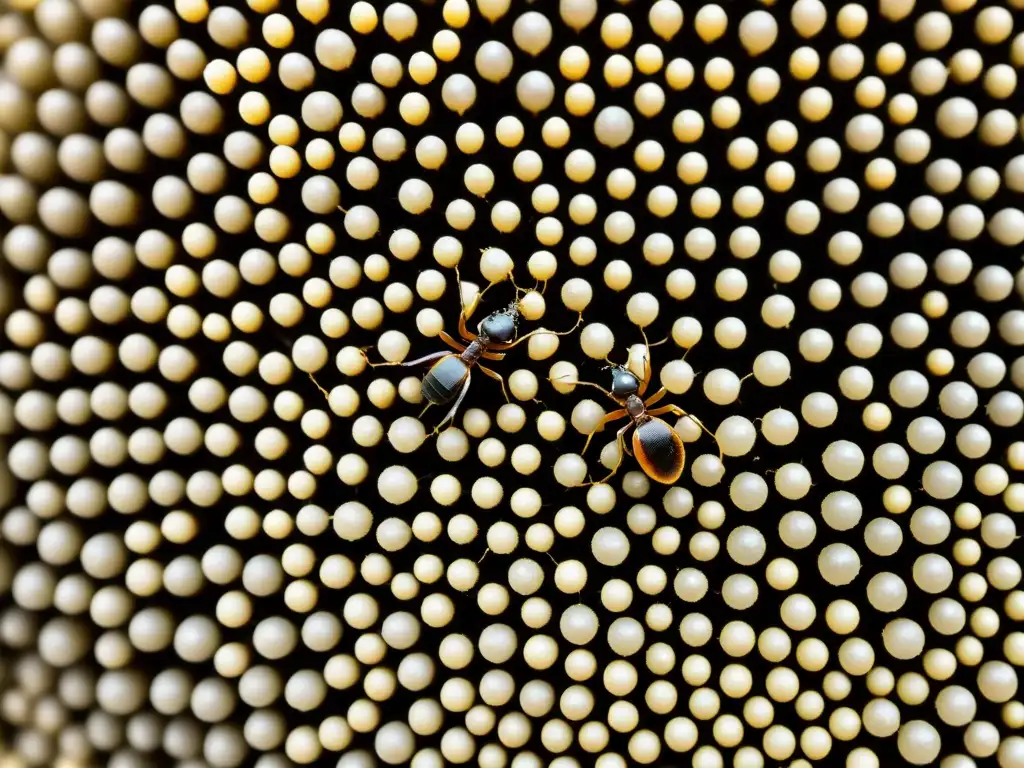Una colonia de hormigas colaborando para supervivencia, transportando alimentos y cuidando a sus crías en una red de túneles detallada