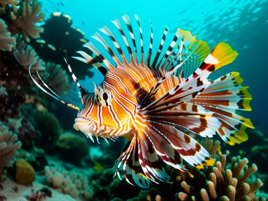 Colonia de peces león invasores rodeados de vida marina nativa en un arrecife de coral colorido