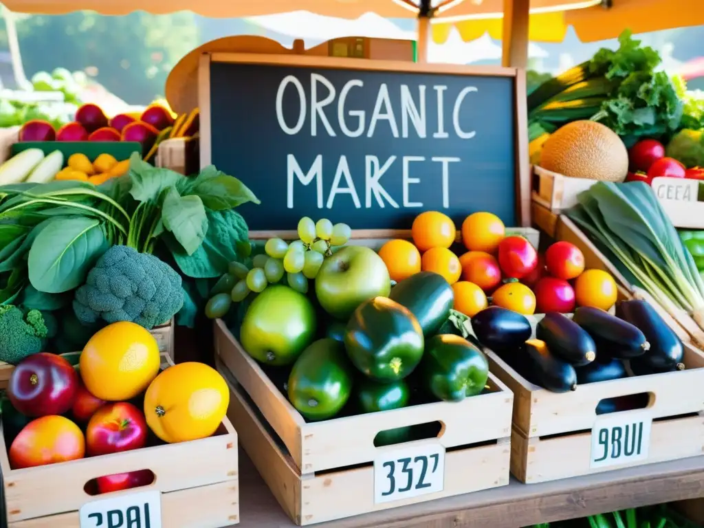 Colorida feria orgánica con frutas y verduras frescas en cajas de madera y canastas de mimbre