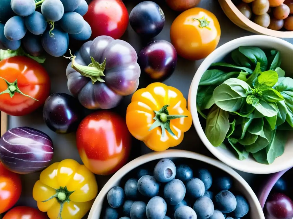 Una colorida exhibición de frutas y verduras orgánicas en un mercado, resaltando la cocina sostenible con ingredientes orgánicos