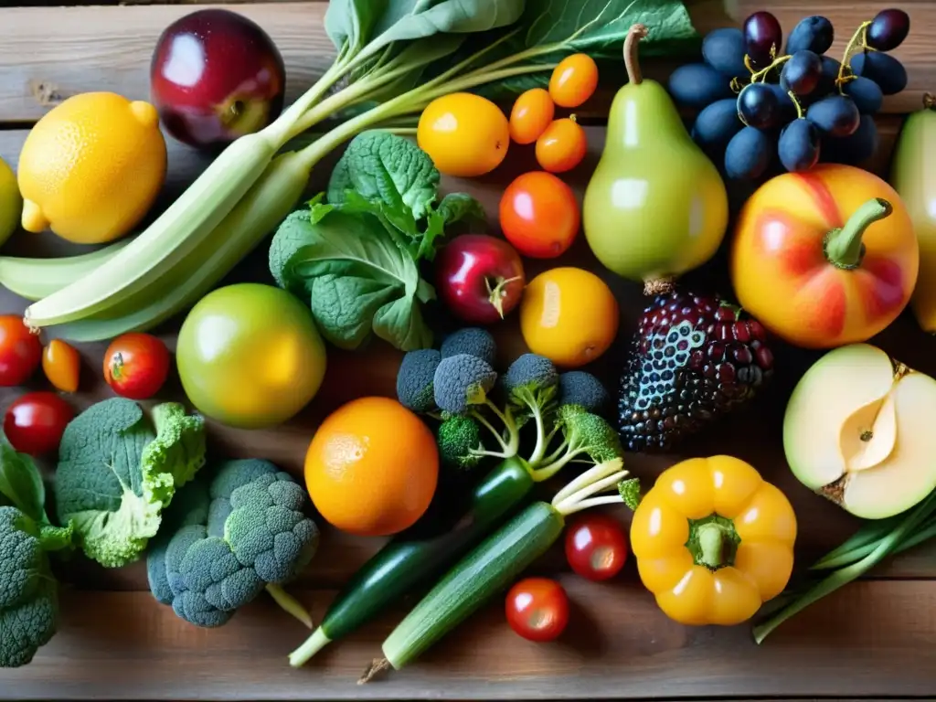 Una colorida exhibición de frutas y verduras orgánicas frescas, con gotas de agua brillando sobre ellas