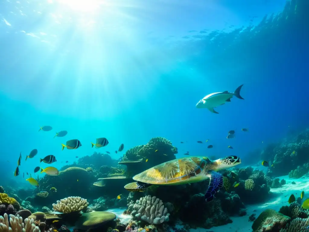 Una colorida y vibrante fotografía submarina de un arrecife de coral diverso, con peces y tortugas marinas