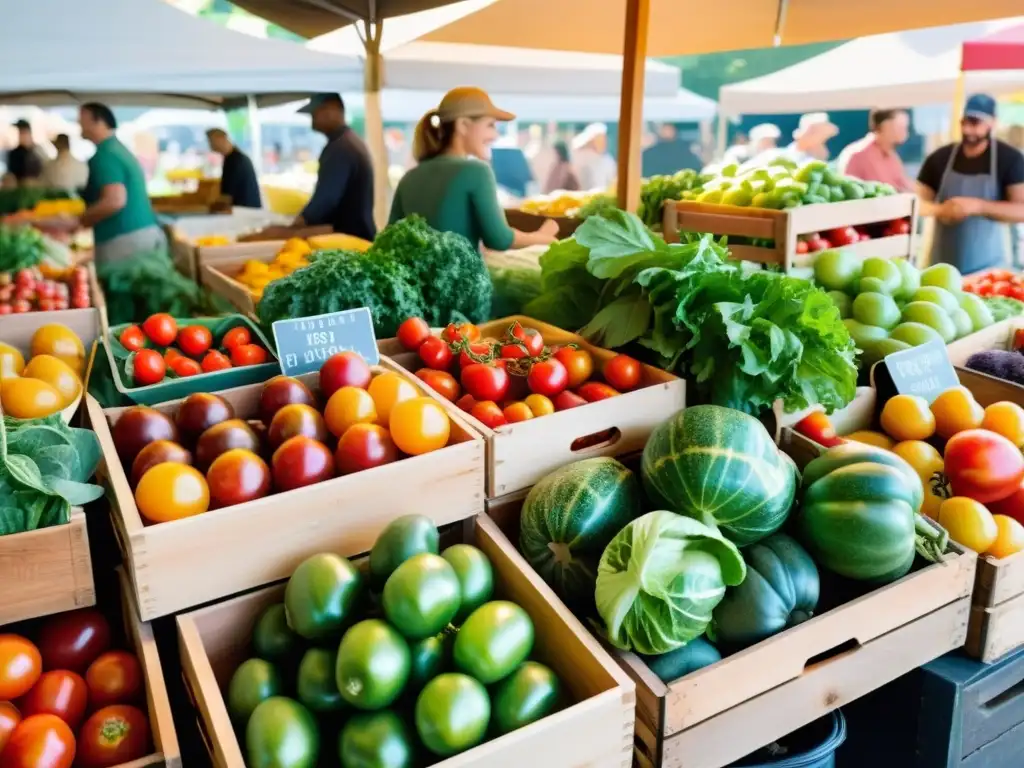 Colorido mercado de alimentos orgánicos con agricultores sonrientes y producto fresco, promoviendo alimentos orgánicos de forma sostenible