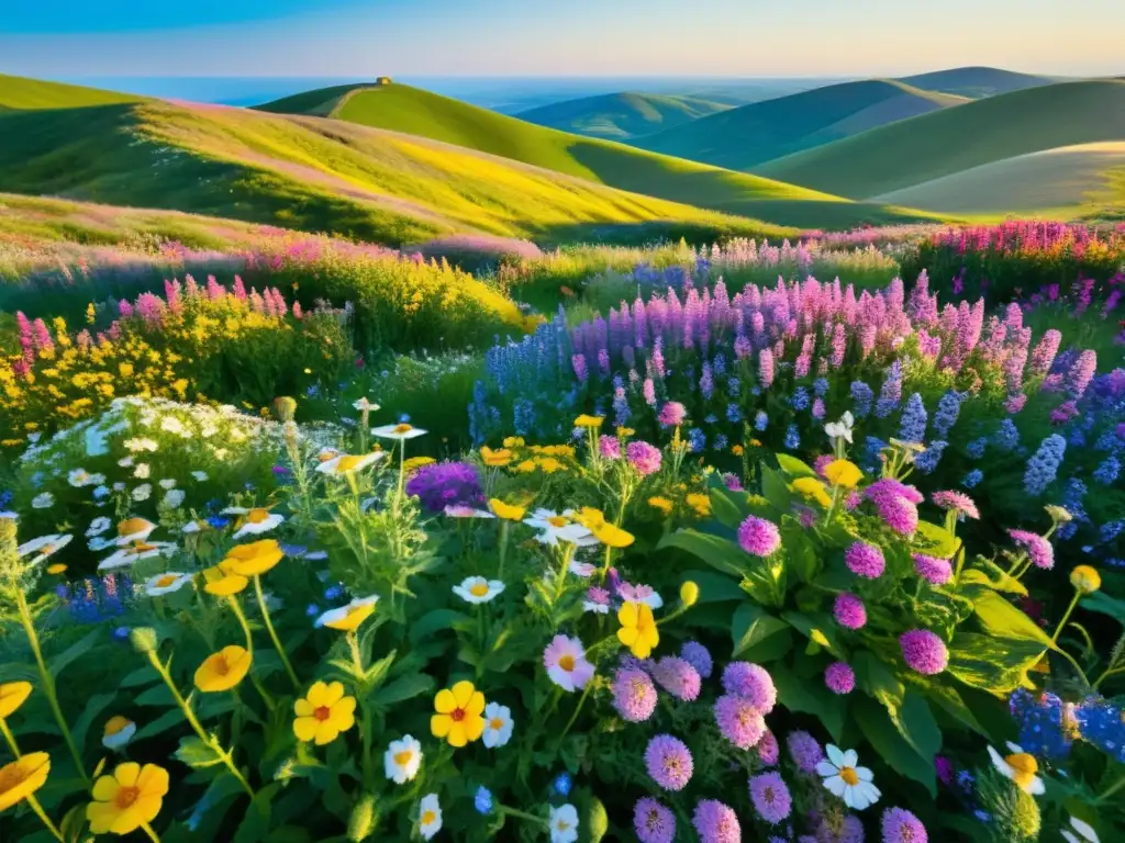 Fotografía de coloridos campos de flores silvestres bajo el cielo azul y colinas verdes, con abejas y mariposas revoloteando