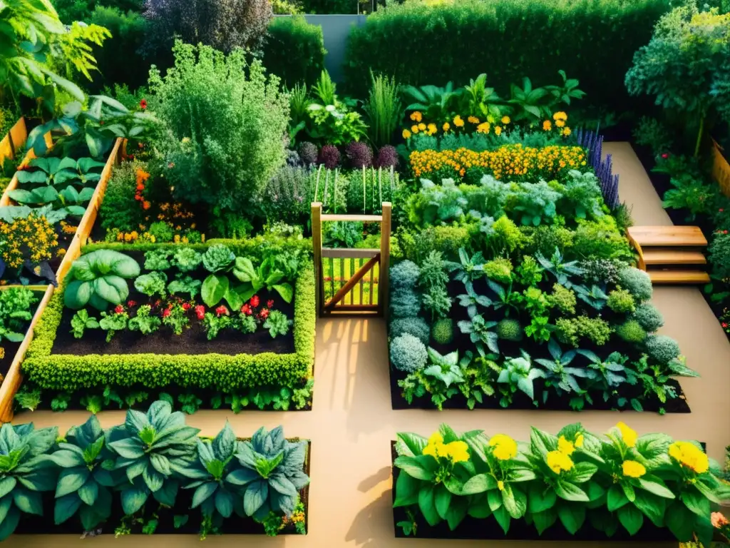 Un próspero jardín comestible orgánico al aire libre con diversidad de frutas, verduras y hierbas, creando un ecosistema sostenible y armonioso