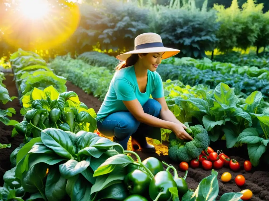 Un jardín comestible orgánico repleto de frutas y verduras, bañado por el cálido sol