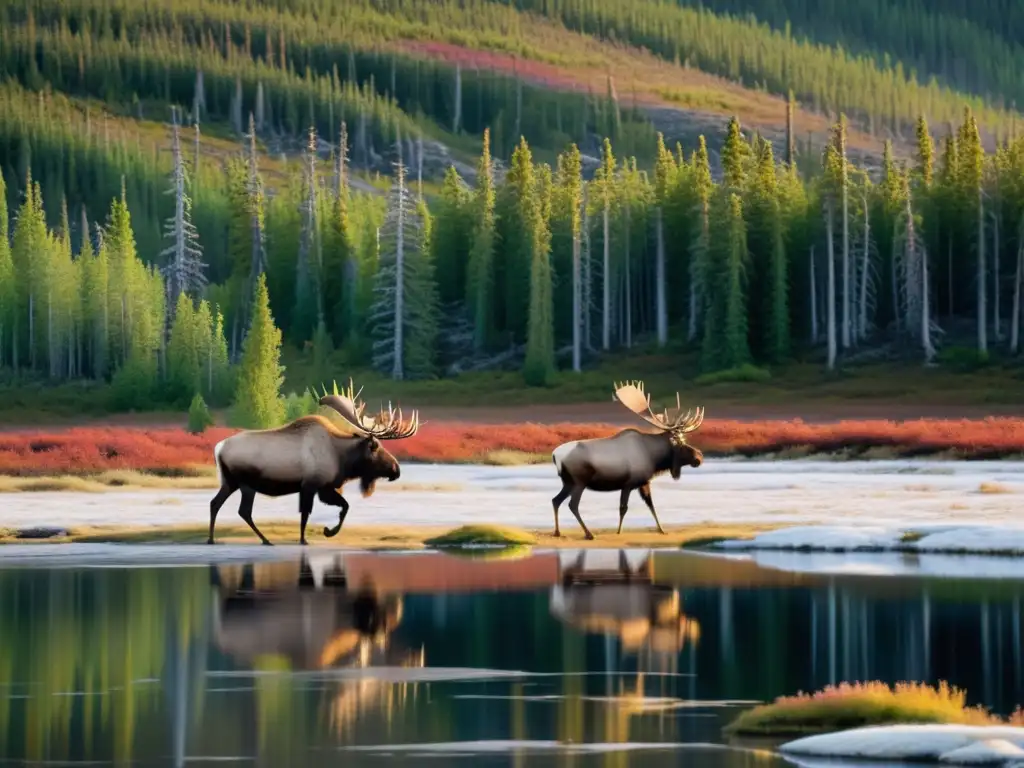 Comparaciones ecológicas: Imagen de la tundra y taiga con caribú y alce