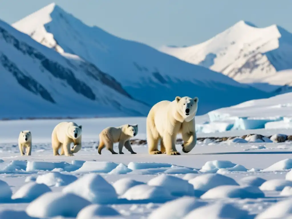 Competencia entre especies polares en ecosistemas helados: Oso polar y lobos árticos cazando en la tundra helada, con una intensa atmósfera de caza