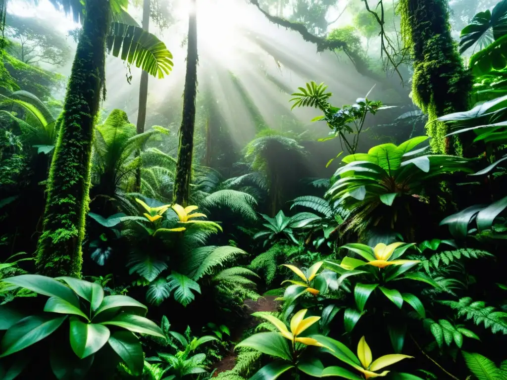 Competencia por la luz en la selva: escena de selva tropical densa con árboles gigantes, lianas entrelazadas y plantas variadas en el suelo