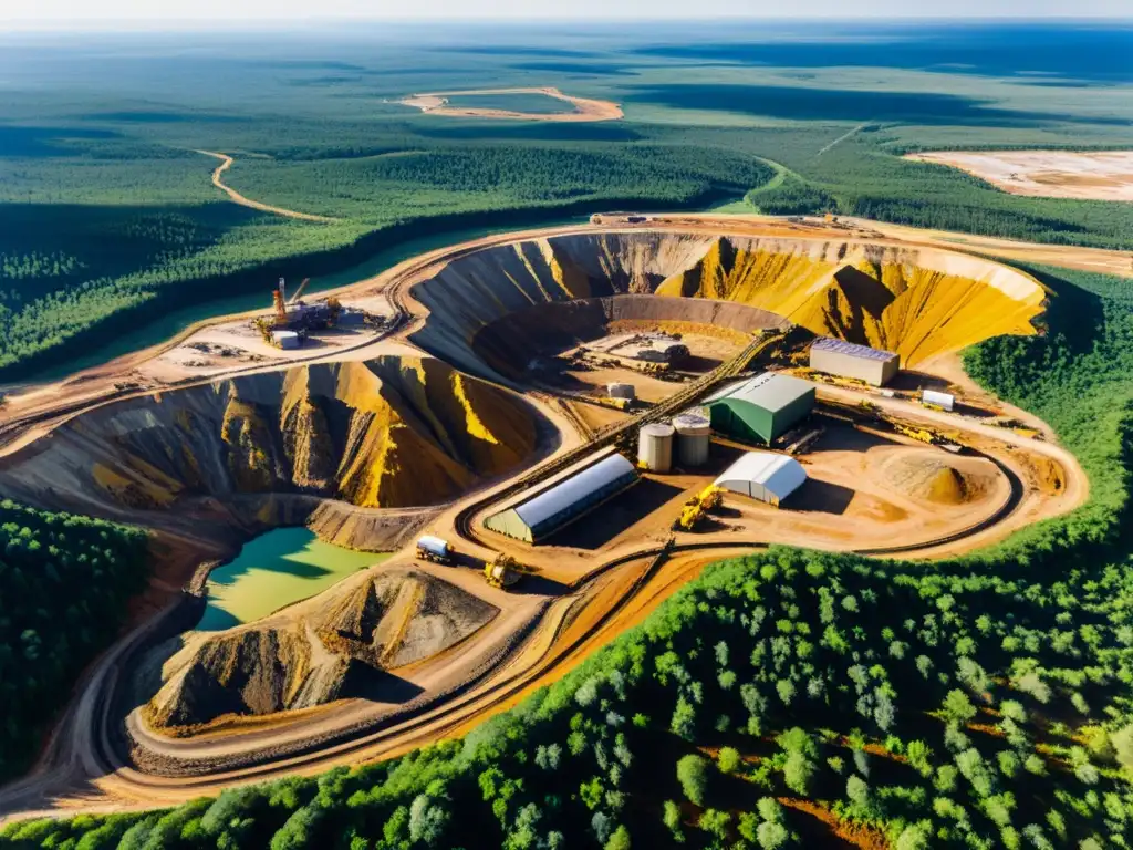 Competencia de recursos estratégicos: impresionante vista aérea de una mina de uranio, con maquinaria gigante excavando en el paisaje