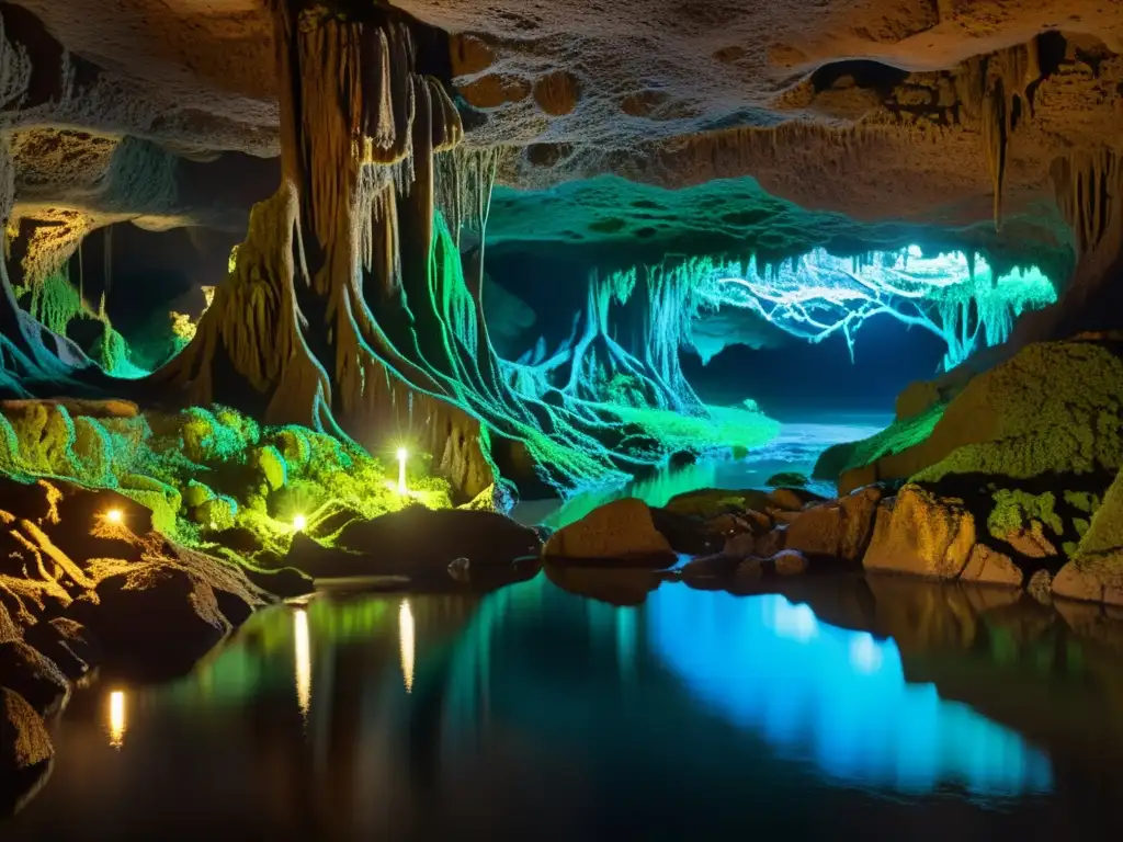 Compleja red de cavernas y túneles subterráneos iluminados por hongos bioluminiscentes y algas