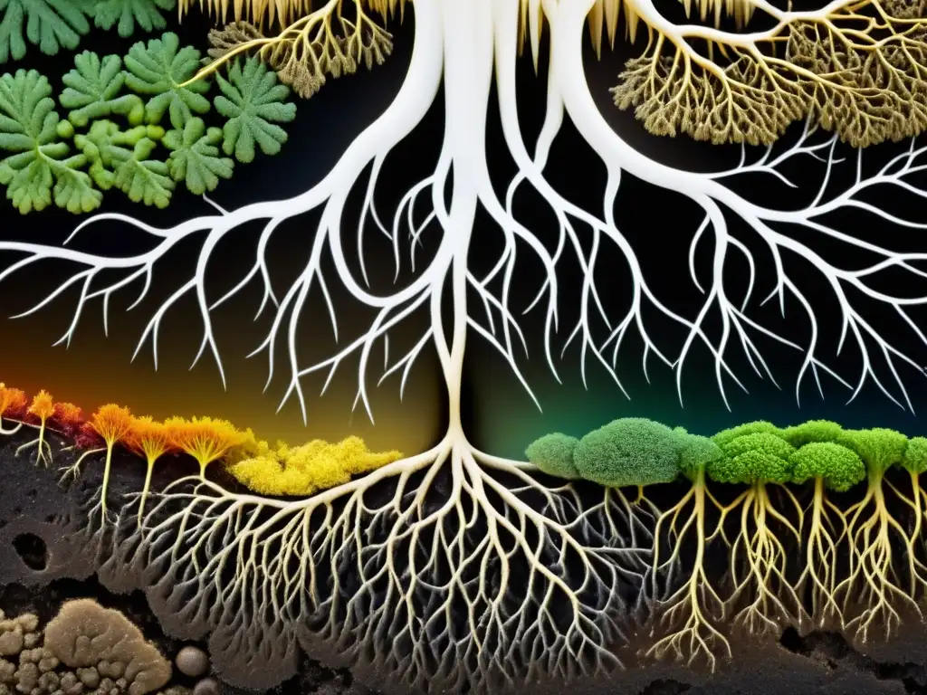 Compleja simbiosis de hongos micorrícicos y raíces de árbol resaltando la importancia del ciclo de nutrientes en el ecosistema forestal