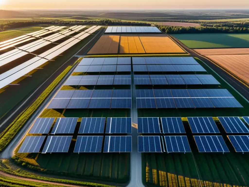 Un complejo industrial moderno con paneles solares relucientes, reflejando la luz dorada del sol poniente